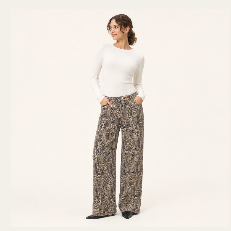 Unisex Vintage Wash Leopard Wide Leg Jeans