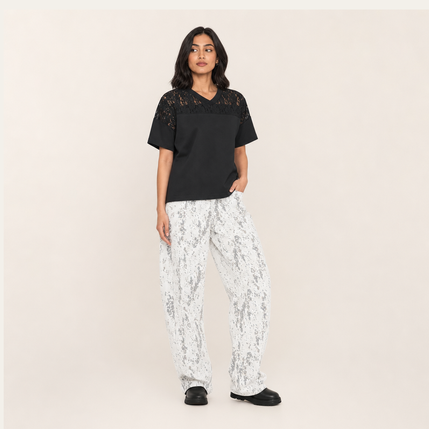 Unisex Lace Paneling V-Neck T-Shirt